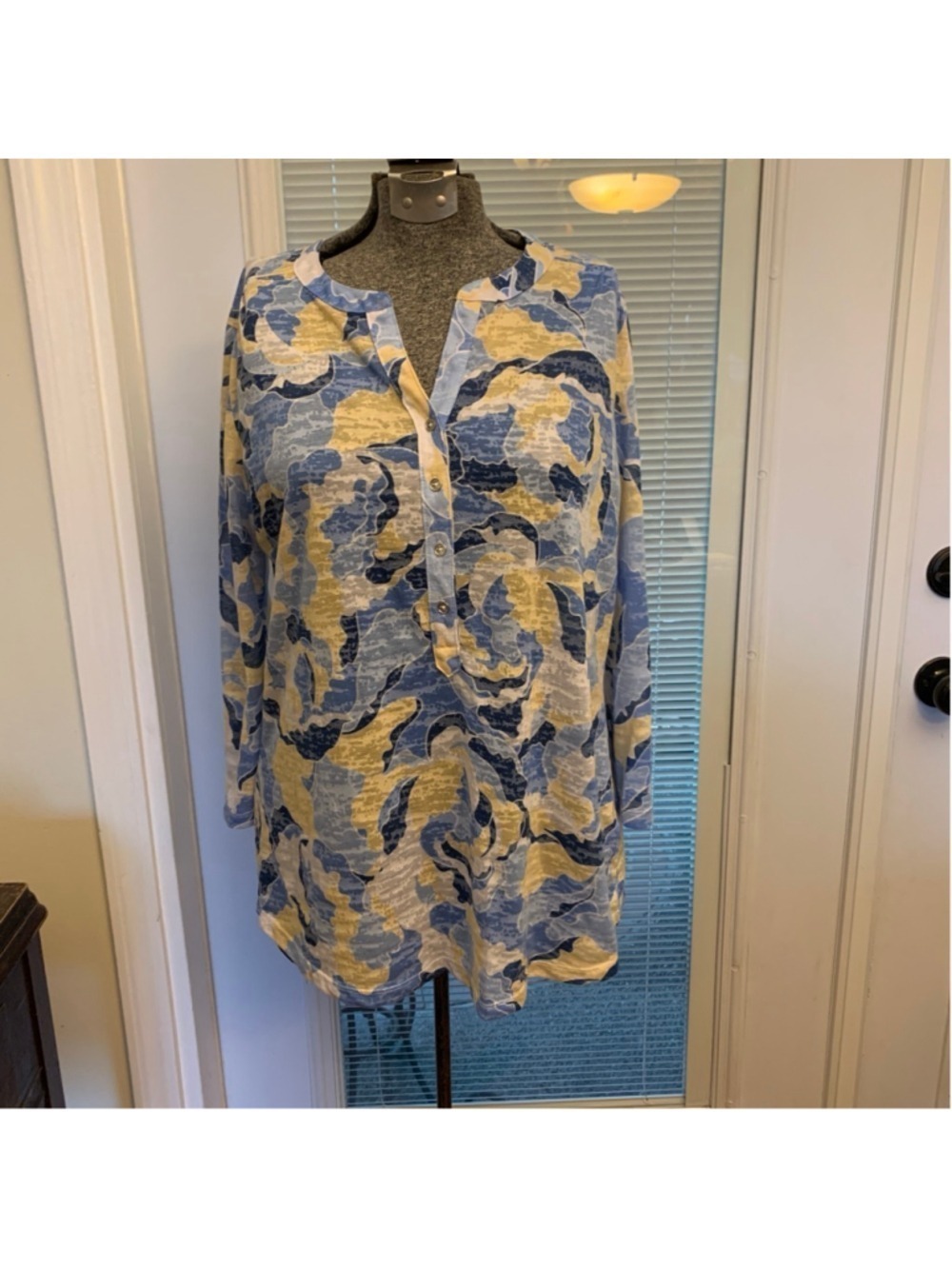 Women's Northern Reflections Tunic Medium Blue Yellow Abstract Long Sleeve